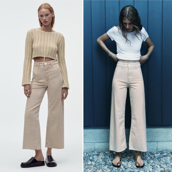 Zara The Marine Wide Leg Jeans 8 Tan Denim Stretch Casual High Rise Minimalist - Picture 2 of 12